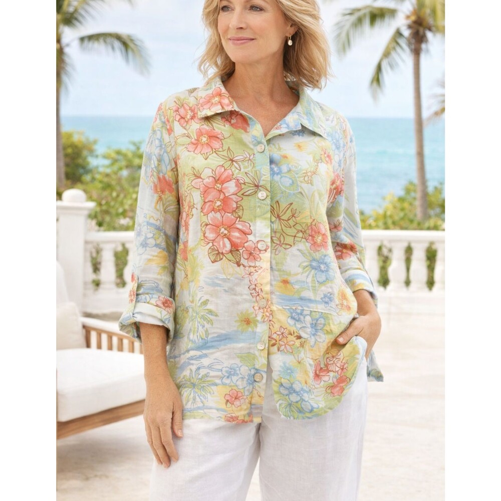 Hot Cotton Linen Tunic Top Tropical Floral Button Front Shirt Coastal Resort XL
